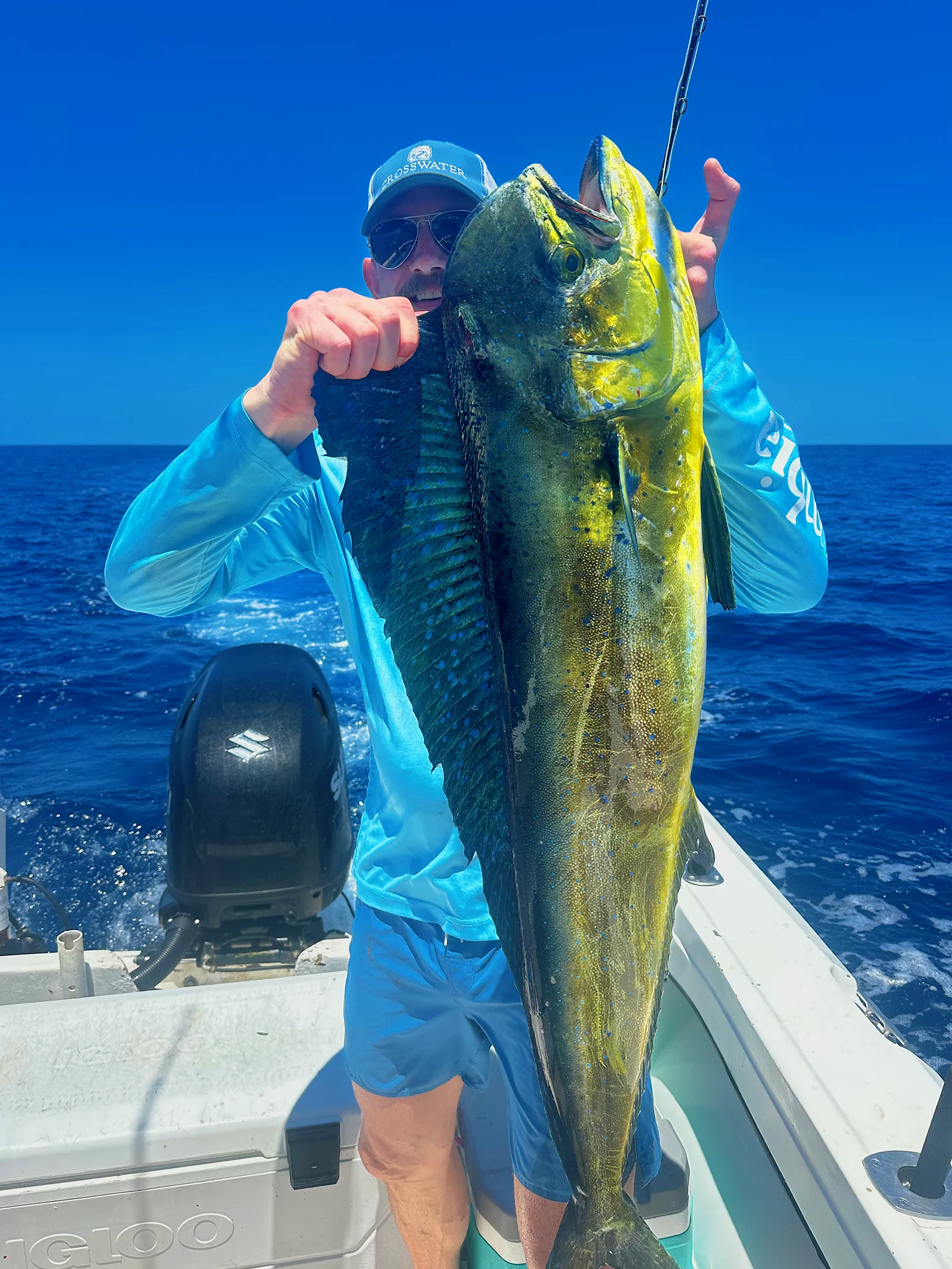 An angler holds up a large green and gold mahi-mahi on the fishing boat.